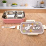 2 Compartment Heat Insulated Rectangular Lunch Box with Spoon