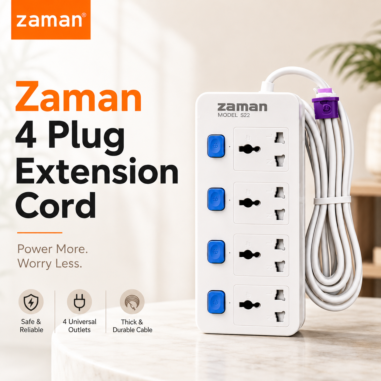 Zaman 4 Plug Extension Cord